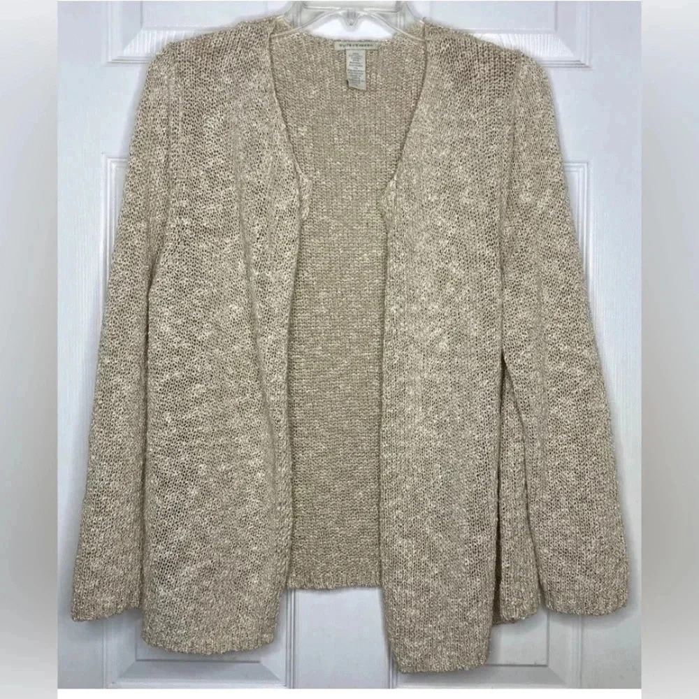 Woman WHITE + WARREN Beige Metallic Knit L/s Open Front Cardigan Sweater Large